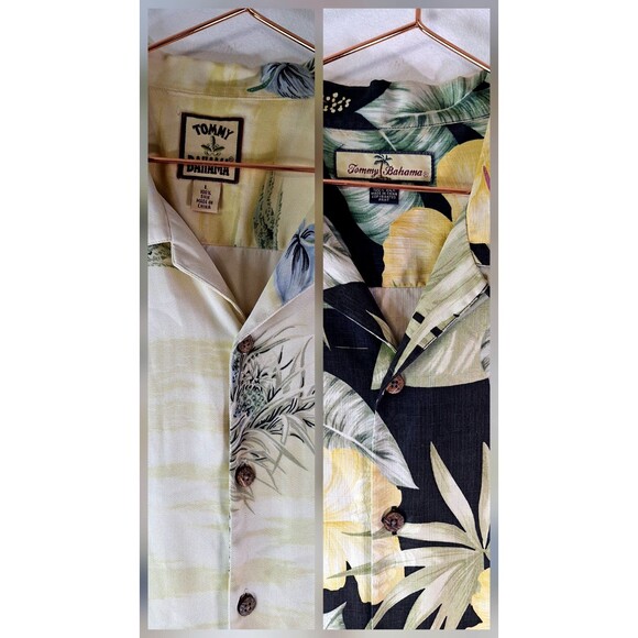 TOMMY BAHAMA 100% Silk Hawaiian Shirt Men's L Button Down Tropical "LOT of 2" - Picture 1 of 13